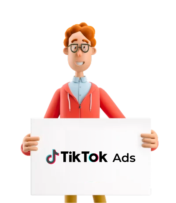 3D character holding a white sign with the TikTok Ads logo.