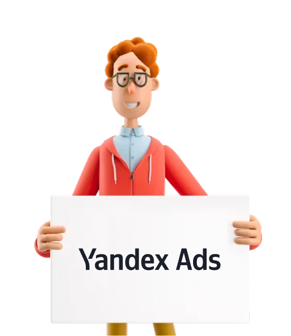 Elinde Yandex Ads logosunun yer aldığı beyaz bir tabela tutan 3D karakter